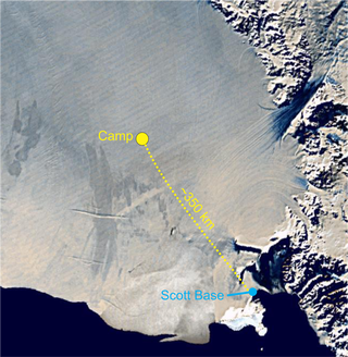 Satellite image showing the camp on the Ross Ice Shelf, some 350 km inland from New Zealand’s Scott Base, where the recent borehole was drilled. Image: Ross Ice Shelf Programme